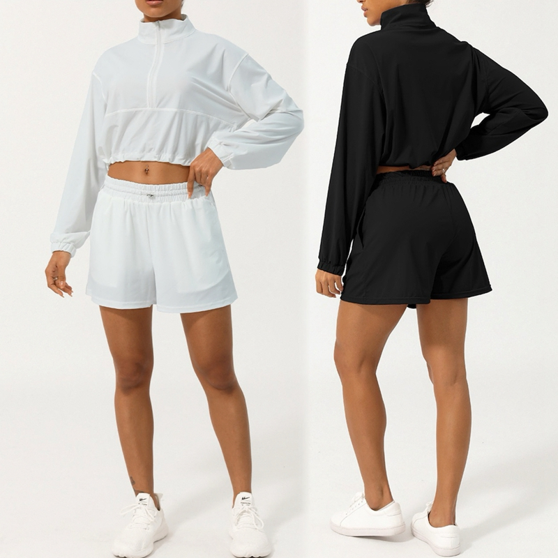 Wholesale Lightweight Summer Upf 50 Active Apparel Casual Zip-up Athletic Cropped Sweatshirt with Adjustable Hem + Sports Shorts 2PCS Sports Clothes Set