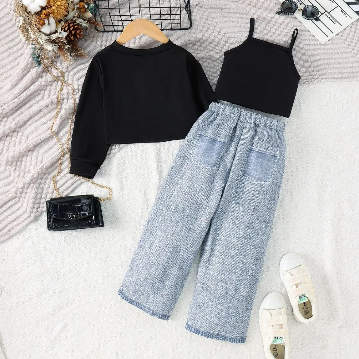 Spring Autumn Kids Wholesale Clothing Wear Solid Color Crop Long Sleeve Irregular T Shirt Vest Jeans Children Clothes Girls