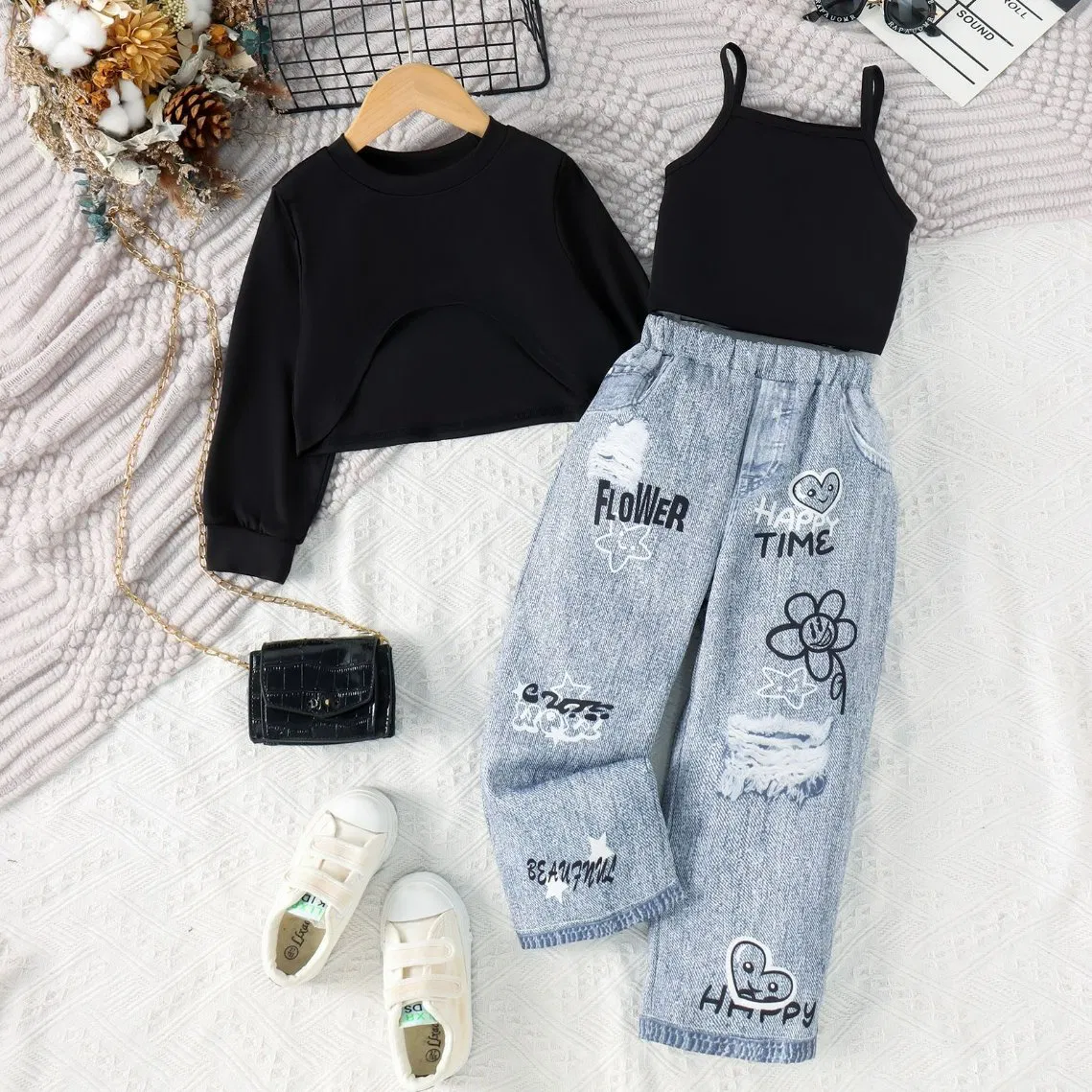 Spring Autumn Kids Wholesale Clothing Wear Solid Color Crop Long Sleeve Irregular T Shirt Vest Jeans Children Clothes Girls