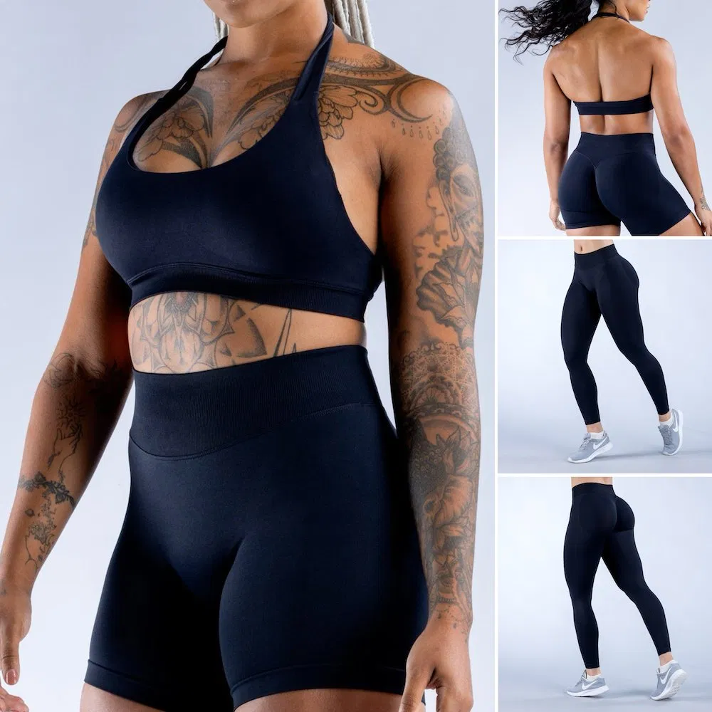 4 PCS Sexy Backless Workout Set Fitness Womens Activewear Set, Custom Seamless Halter Neck Bra +Booty Shorts+Yoga Leggings Gym Sportswear Lady Workout Clothes