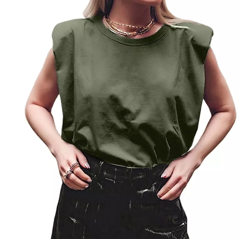 Summer Casual Loose Round Neck Vest Tops Women Elegant Sleeveless Pad Shoulder Blouse Shirt Women Clothes