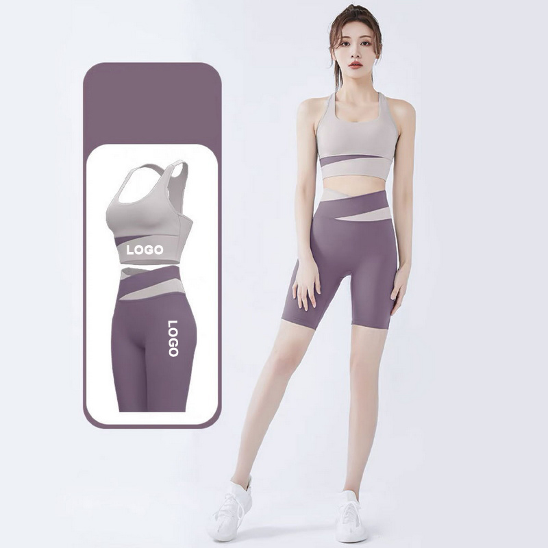Hot Sexy 2/3 PCS Patchwork Workout Outfits Ropa De Yoga Set, Cute Gym Bra + Biker Shorts + Athletic Leggings Streetwear Fitness Gym Clothes for Sports Girls