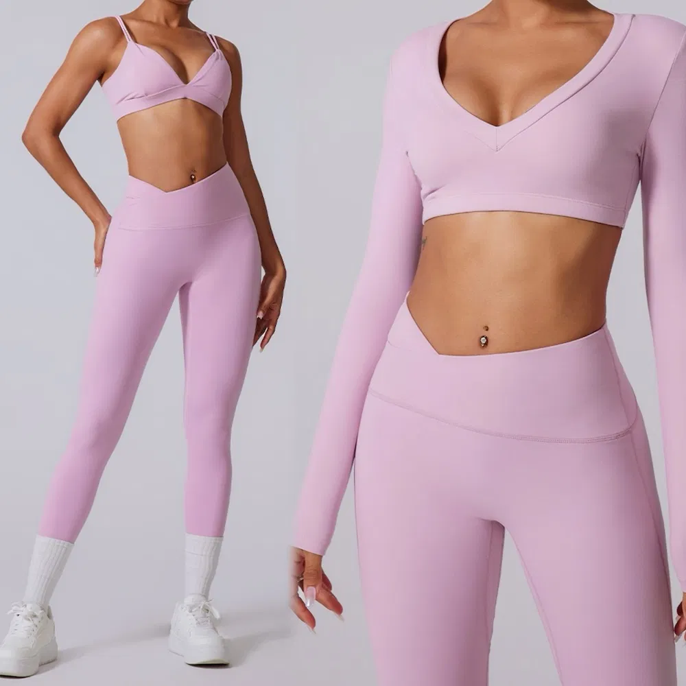 Top Seller 4 PCS Workout Clothes Ropa Deportiva for Women, Custom V Neck Yoga Bra +Long Sleeve Gym Crop Top + Athletic Leggings + Flare Yoga Pants Activewear