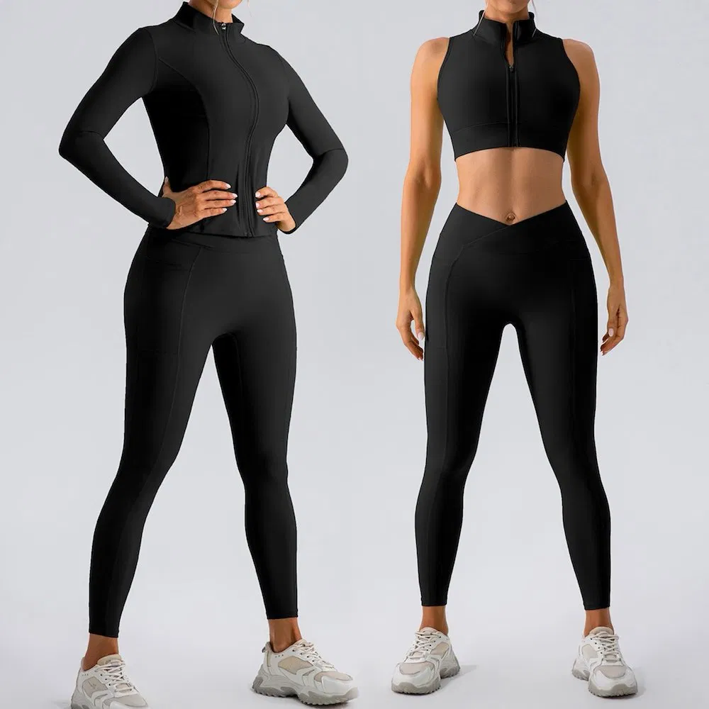 New Arrival 3PCS Casual Slim Fit Athletic Apparel Zipup Exercise Clothes for Women, Customize Logo Gym Tank Top + Running Jacket + Yoga Pants Activewear Set