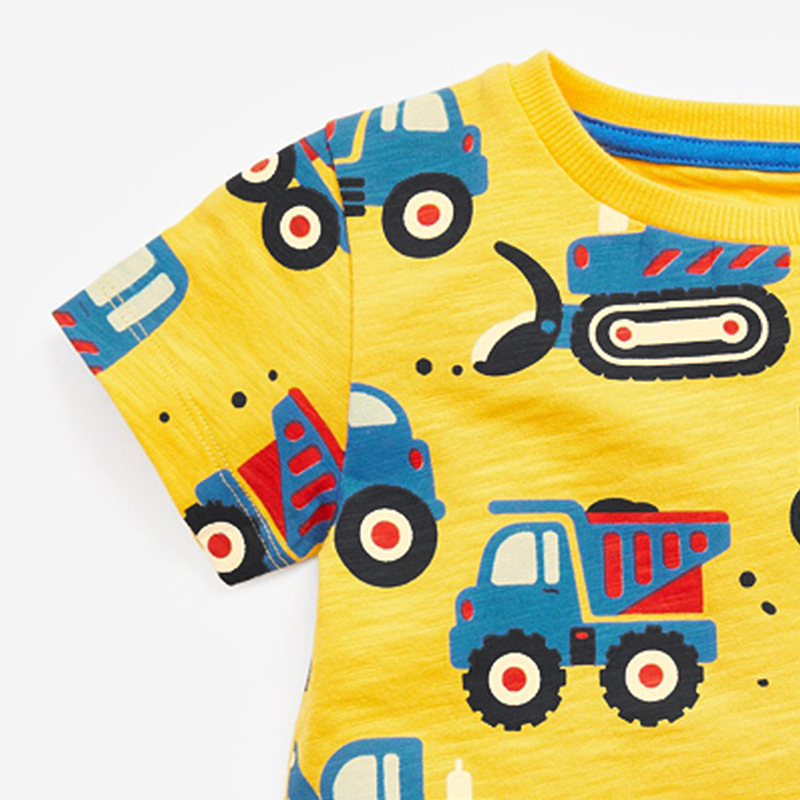 2022 Summer Children's Cartoon Car Short-Sleeved T-Shirt Digging Truck Printing Top Baby Clothes Children's Clothing Trend