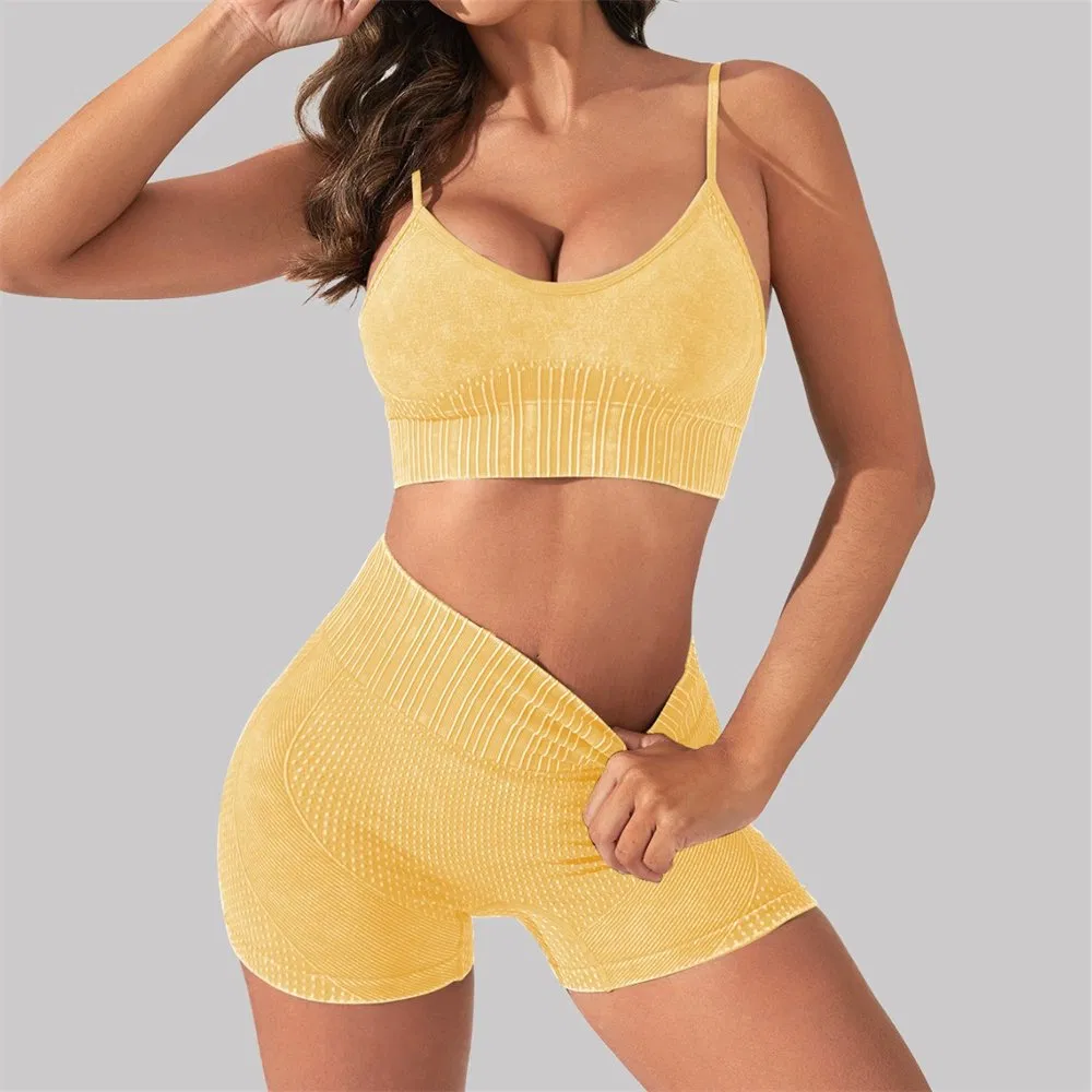 Summer Seamless Washed Sports Bra High Waist Hip Lifting Shorts Activewear Gym Clothes