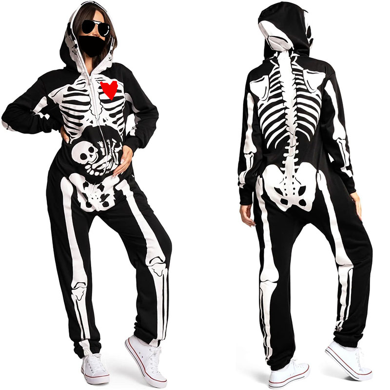 Halloween Christmas Holiday Adult Onesie Jumpsuit Skeleton Party Suit Carnival Costume Cosplay Costumes Black Fancy Dress Sleepwear for Women Men Adult Children