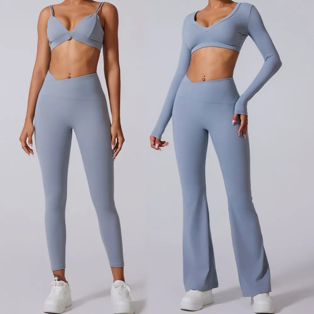 Top Seller 4 PCS Workout Clothes Ropa Deportiva for Women, Custom V Neck Yoga Bra +Long Sleeve Gym Crop Top + Athletic Leggings + Flare Yoga Pants Activewear