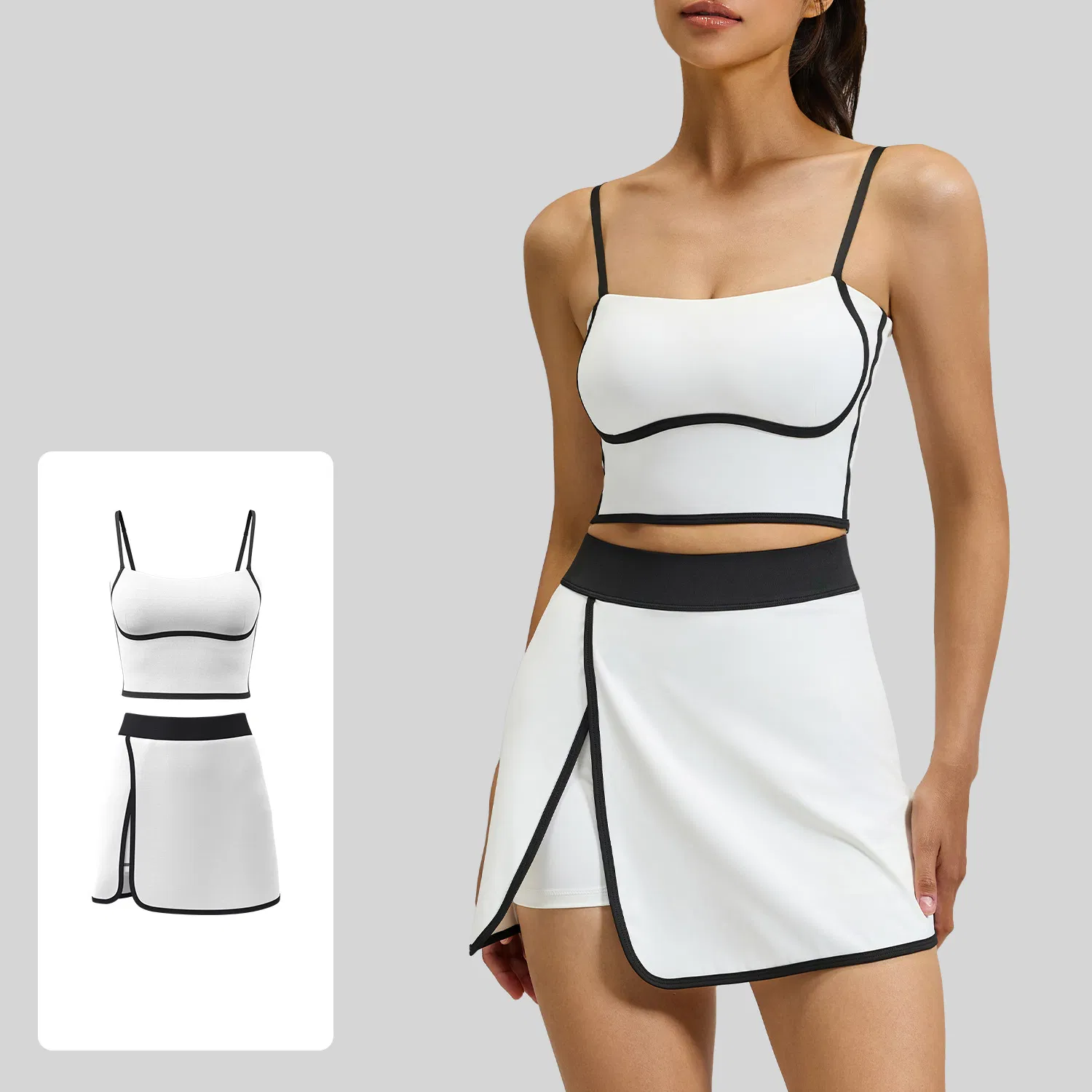 Top Picked Colorblock Sports Outfits Sexy Athletic Apparel for Women, 2 Pieces Sling Cami Top with Built-in Bra + Tennis Skirt with Liner Shorts Paddle Clothes