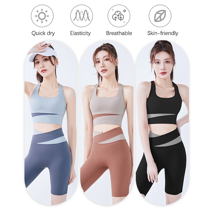 Hot Sexy 2/3 PCS Patchwork Workout Outfits Ropa De Yoga Set, Cute Gym Bra + Biker Shorts + Athletic Leggings Streetwear Fitness Gym Clothes for Sports Girls
