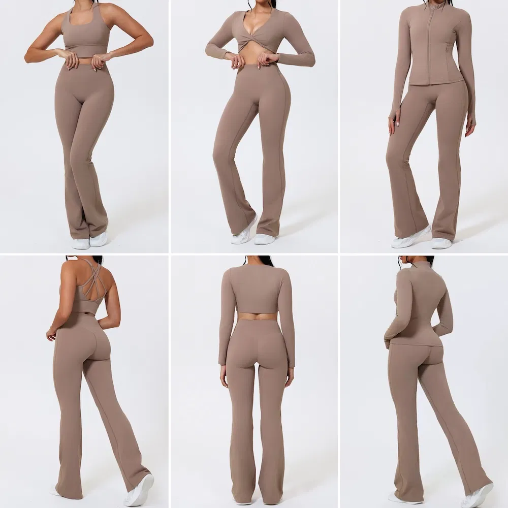 Hot 4PCS Sustainable Activewear Set Fitness Gym Clothing for Women, Recycled Workout Clothing Pilates Apparel Tank Top Jacket + Pants Womens Athletic Clothing