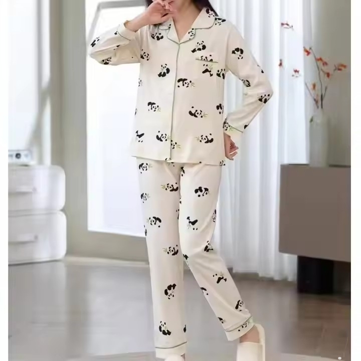 Cartoons Print Two Pieces Pajamas Set Autumn Paopao Cotton Sleepwear Korean Fashion Home Clothes Ladies Pants and Top Loungewear