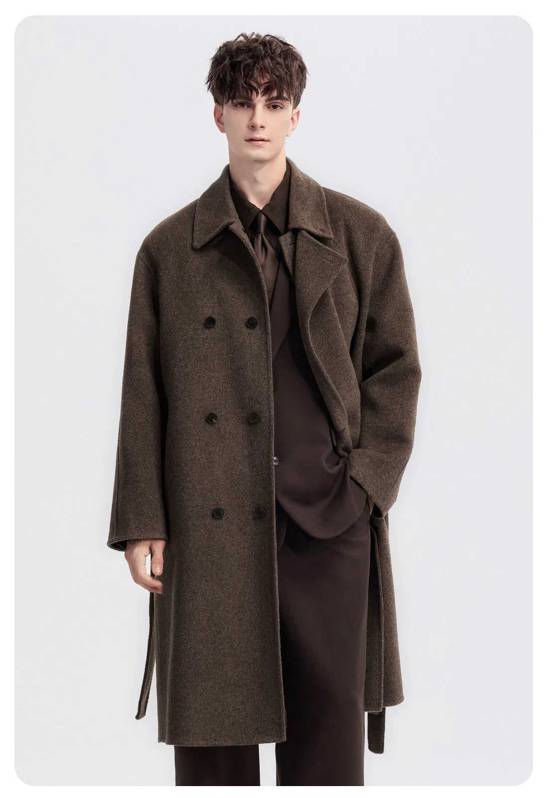 Manufacturer Wholesale High-End Regular Fit Double Breast Turn Over Collar Design Formal Men's Double Face Wool Coat with Belt for Winter Wear