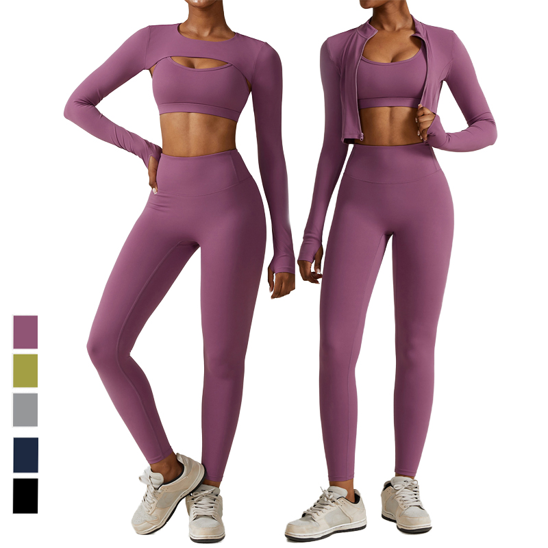4 Piece Sports Fitness Yoga Wear Leggings Sets Women Long Sleeve Activewear Gym Workout Clothing