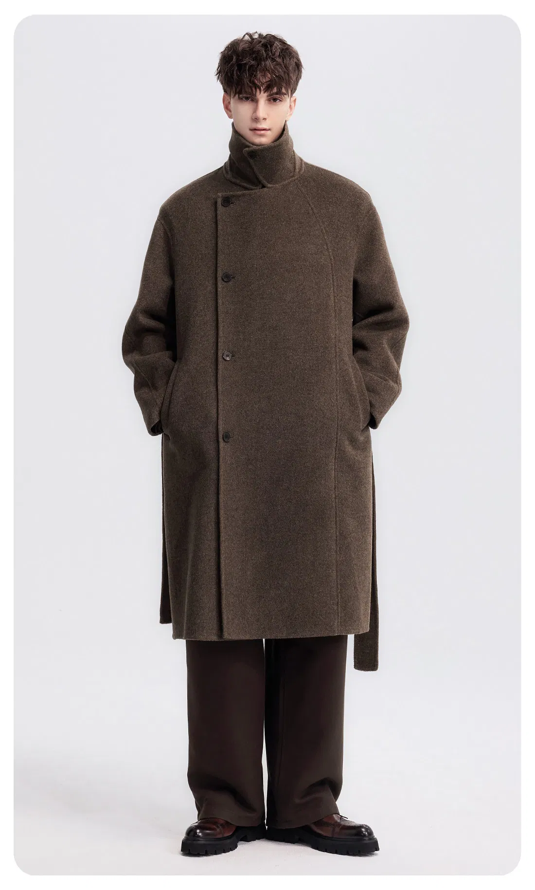 Manufacturer Wholesale High-End Regular Fit Double Breast Turn Over Collar Design Formal Men's Double Face Wool Coat with Belt for Winter Wear