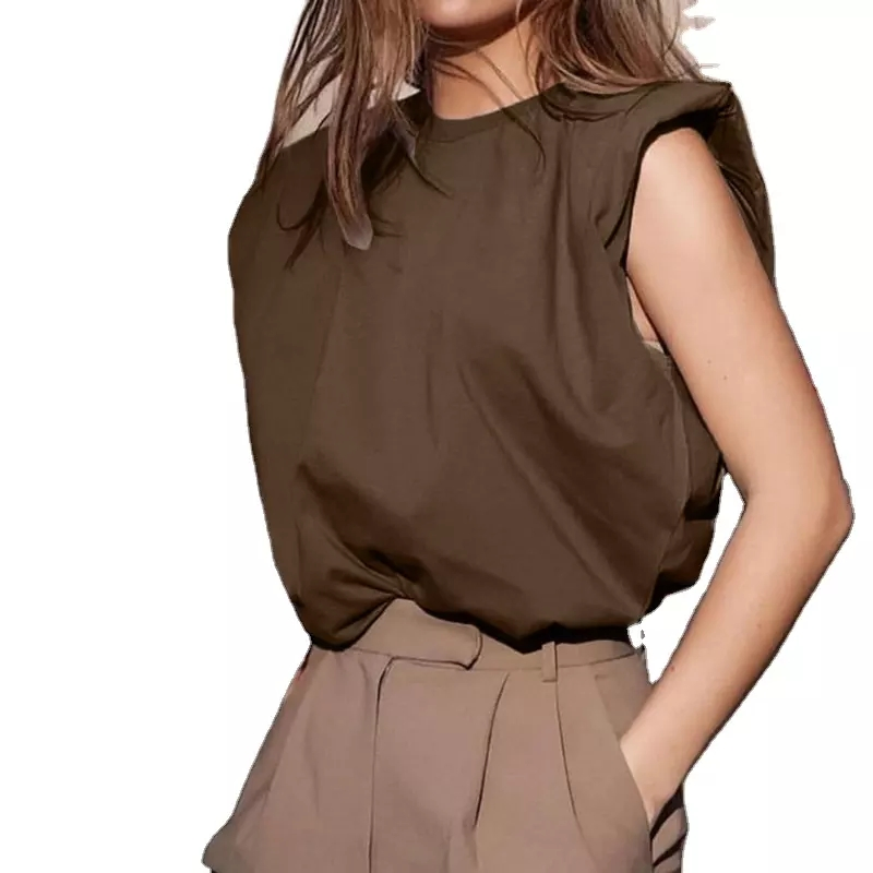 Summer Casual Loose Round Neck Vest Tops Women Elegant Sleeveless Pad Shoulder Blouse Shirt Women Clothes