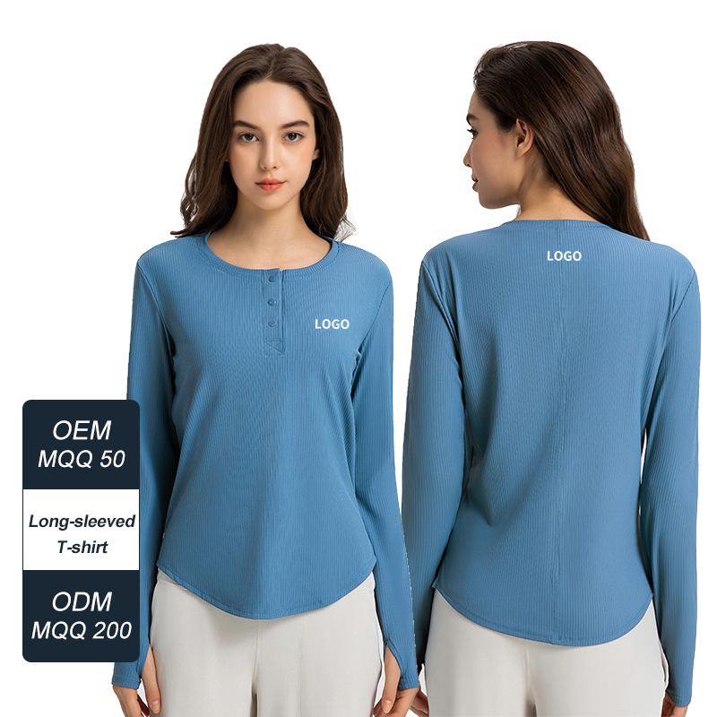 Wholesale Factory Ribbed Button Front Collar Sports Long Sleeve Women's Casual Home Gym Wear Running Sports Wear Yoga Wear