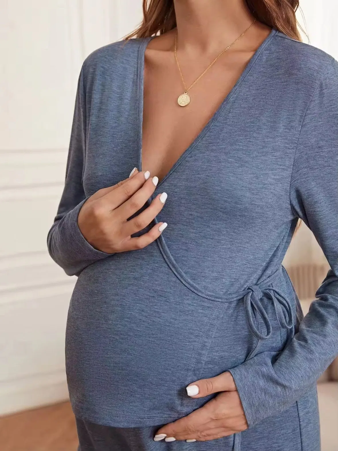 Viscose From Bamboo Pregnant Clothes Knot Side Top &amp; Adjustable Waist Sweatpants Lounge Wear Maternity Robes Pajamas