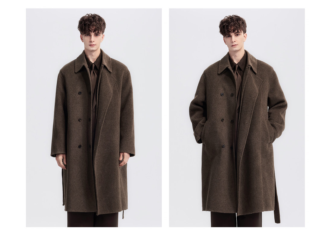 Manufacturer Wholesale High-End Regular Fit Double Breast Turn Over Collar Design Formal Men's Double Face Wool Coat with Belt for Winter Wear