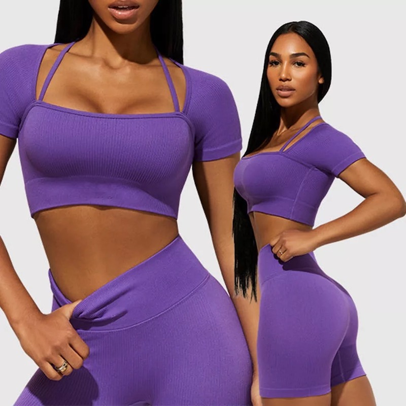 5PCS Ribbed High Quality Working out Set Body Shaping Training Apparel for Women, Custom Seamless Sportswear Fitness Top + Yoga Shorts + Leggings Gym Wear