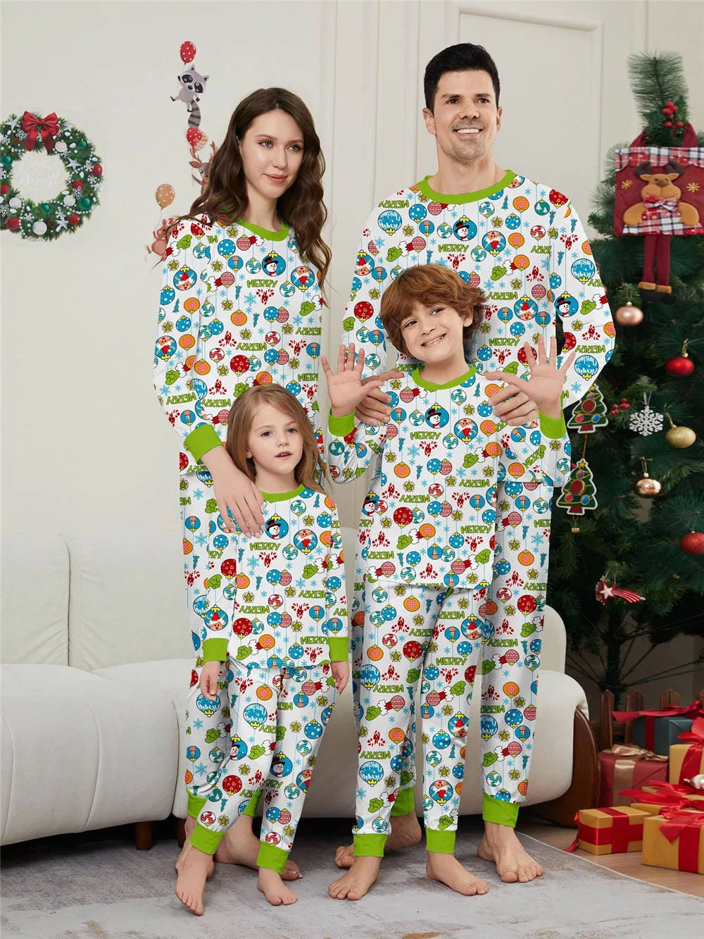 Family Pajamas: Boys', Girls', Women's, Men's Loungewear, Long-Sleeved Polyester, Cute Cartoon Printed Christmas Pajama Sets Clothing