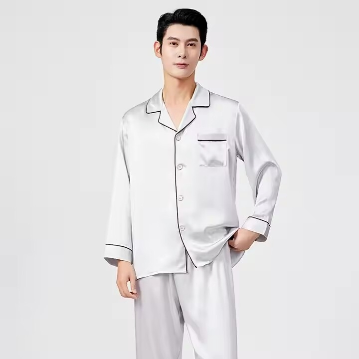 Clothing Manufacturers Custom Wholesale Soft Material Lapel Collar Plus Size Satin Pj Set Lounge Wear Mens Pajamas Sleepwear