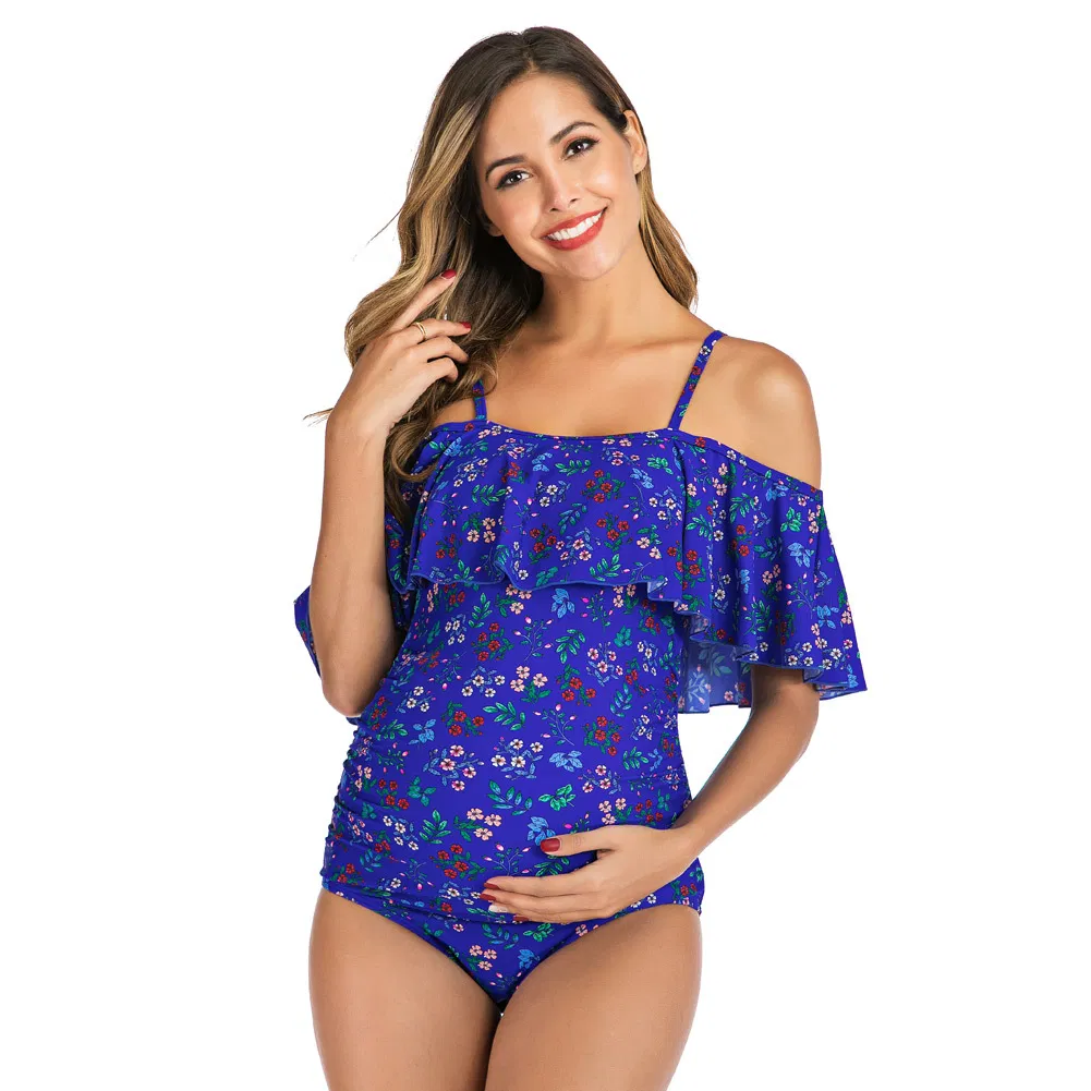 Wholesale off Shoulder Ruffle Maternity Clothing Young Sexy Ladies One Piece Blue Floral Printing Swimwear Bikini