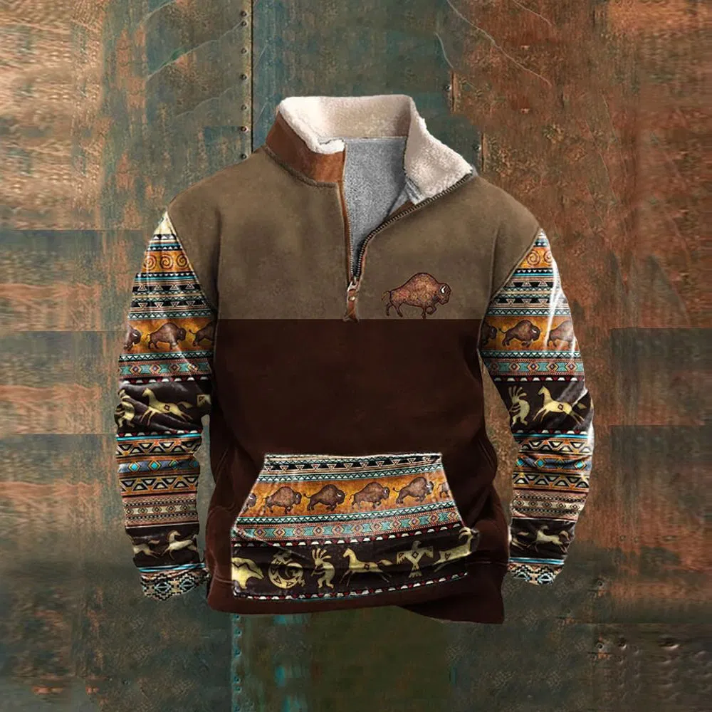 Men's Hoodie Custom Sublimation Pullover, Retro Casual Streetwear Jacket, Fashion Tribal Style Men's Clothing, Wholesale Clothing