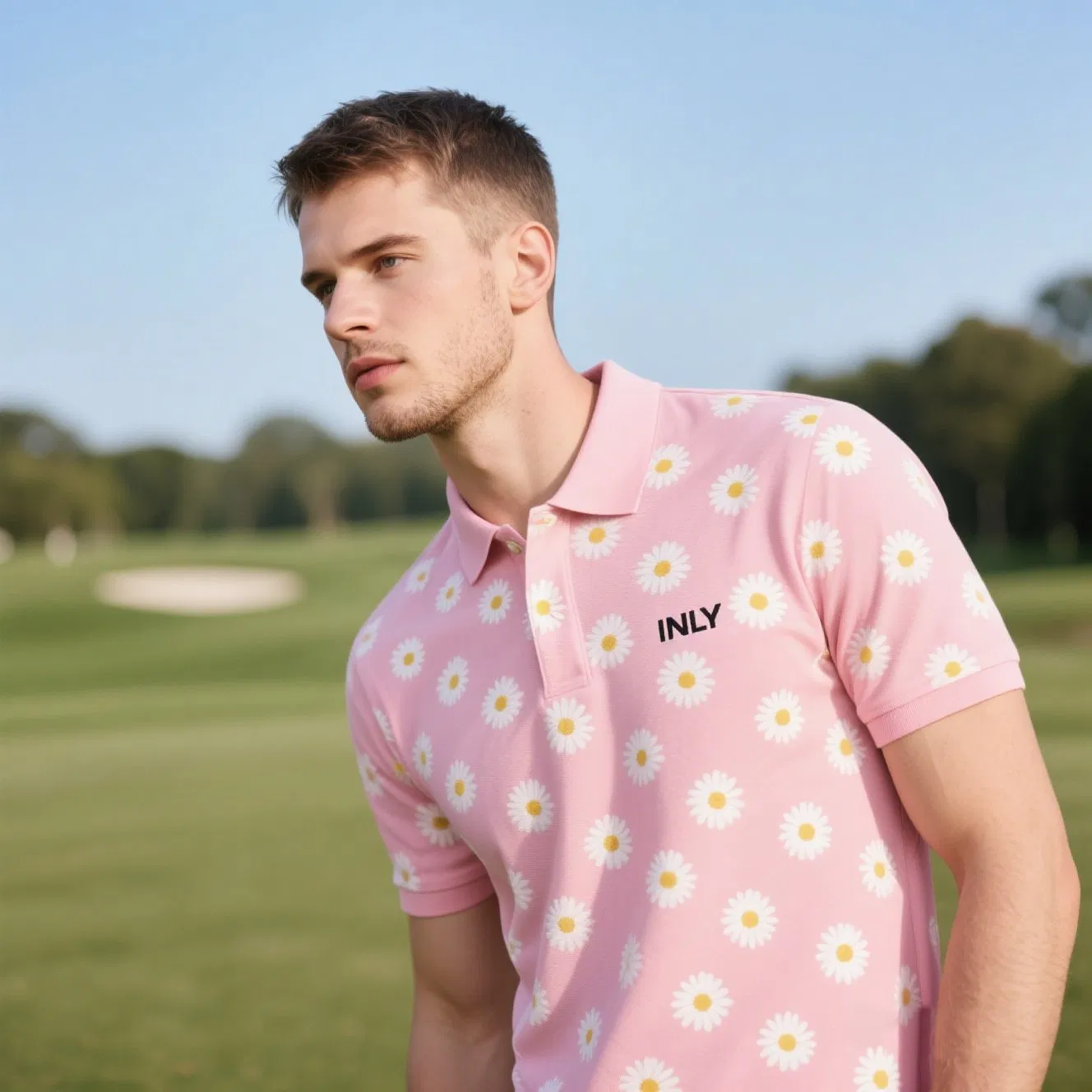 Wholesale Polo Tee Pink Printed Sport Wear with Collar Business Casual Dry Fit Golf Polo T-Shirt