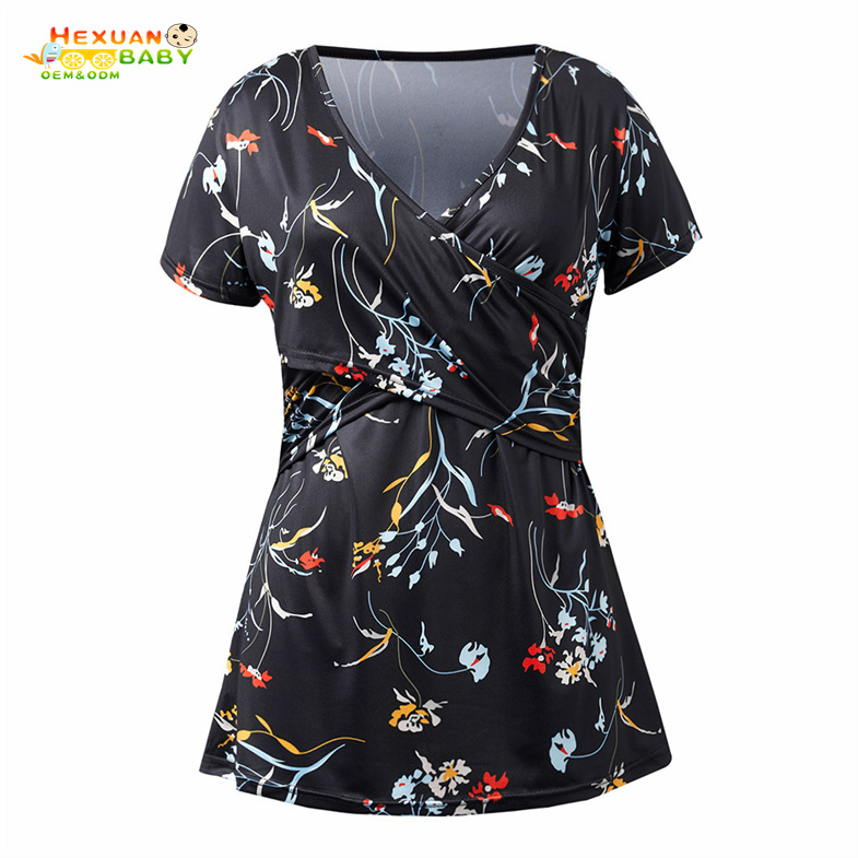 Multi Functional Nursing Clothes Breastfeeding Short Sleeve Maternity T-Shirt with Wave Point Stitching