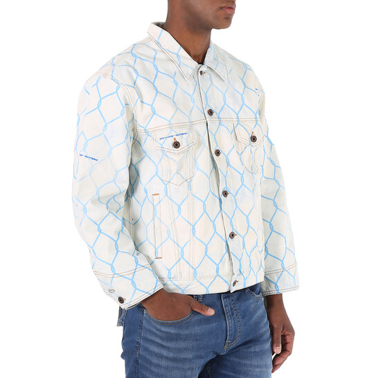 Men's Light Blue Grid Print Denim Jacket - Oversized Streetwear Casual Outerwear