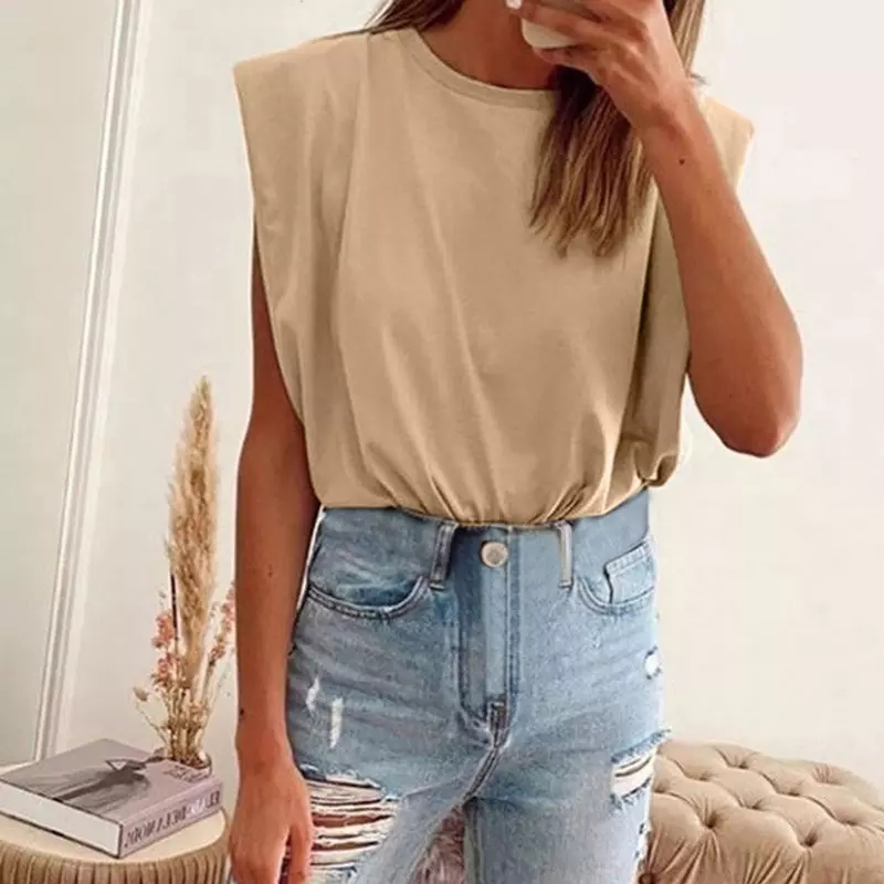 Summer Casual Loose Round Neck Vest Tops Women Elegant Sleeveless Pad Shoulder Blouse Shirt Women Clothes