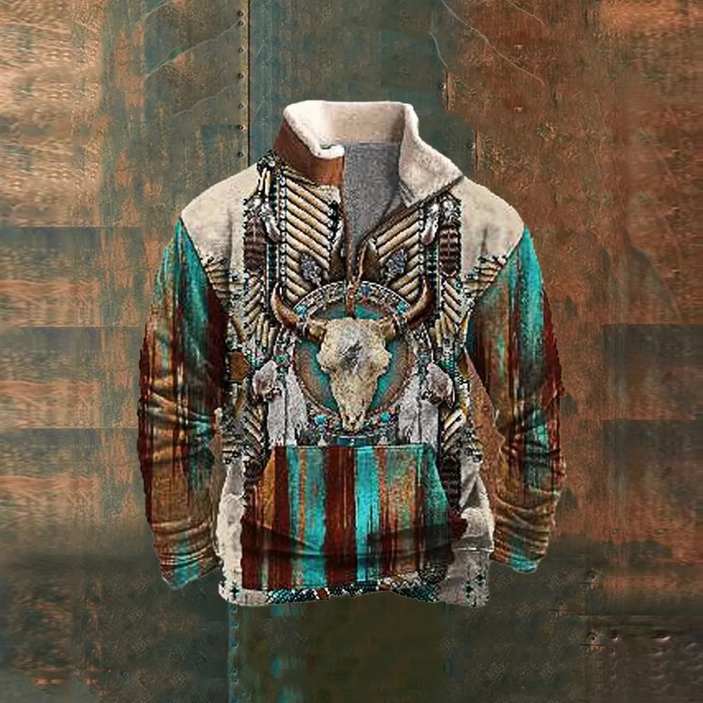 Men's Hoodie Custom Sublimation Pullover, Retro Casual Streetwear Jacket, Fashion Tribal Style Men's Clothing, Wholesale Clothing