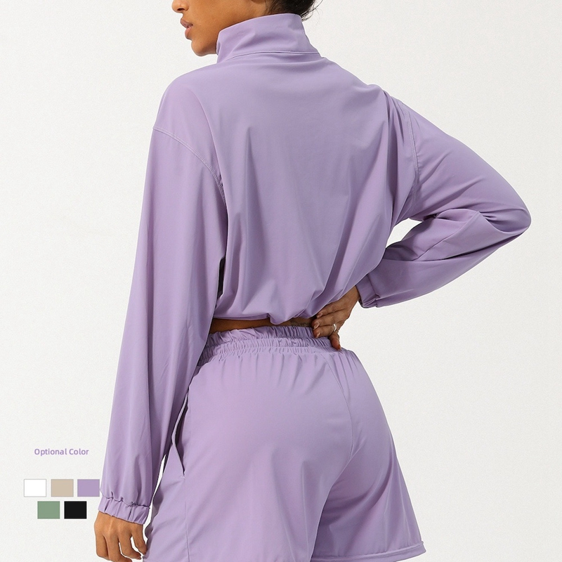 Wholesale Lightweight Summer Upf 50 Active Apparel Casual Zip-up Athletic Cropped Sweatshirt with Adjustable Hem + Sports Shorts 2PCS Sports Clothes Set