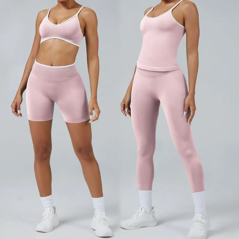 Wholesale Seamless 4 Piece Workout Set for Women Yoga Tank Top High Waist Biker Shorts Leggings Gym Activewear Fitness Clothing