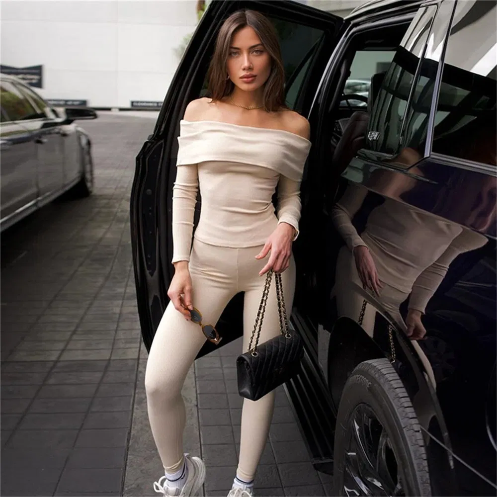 2024 Summer New Solid Knit Rib off The Shoulder Long Sleeve Top Long Pants 2 Piece Set 2024 Casual Clothing Streetwear Outfit