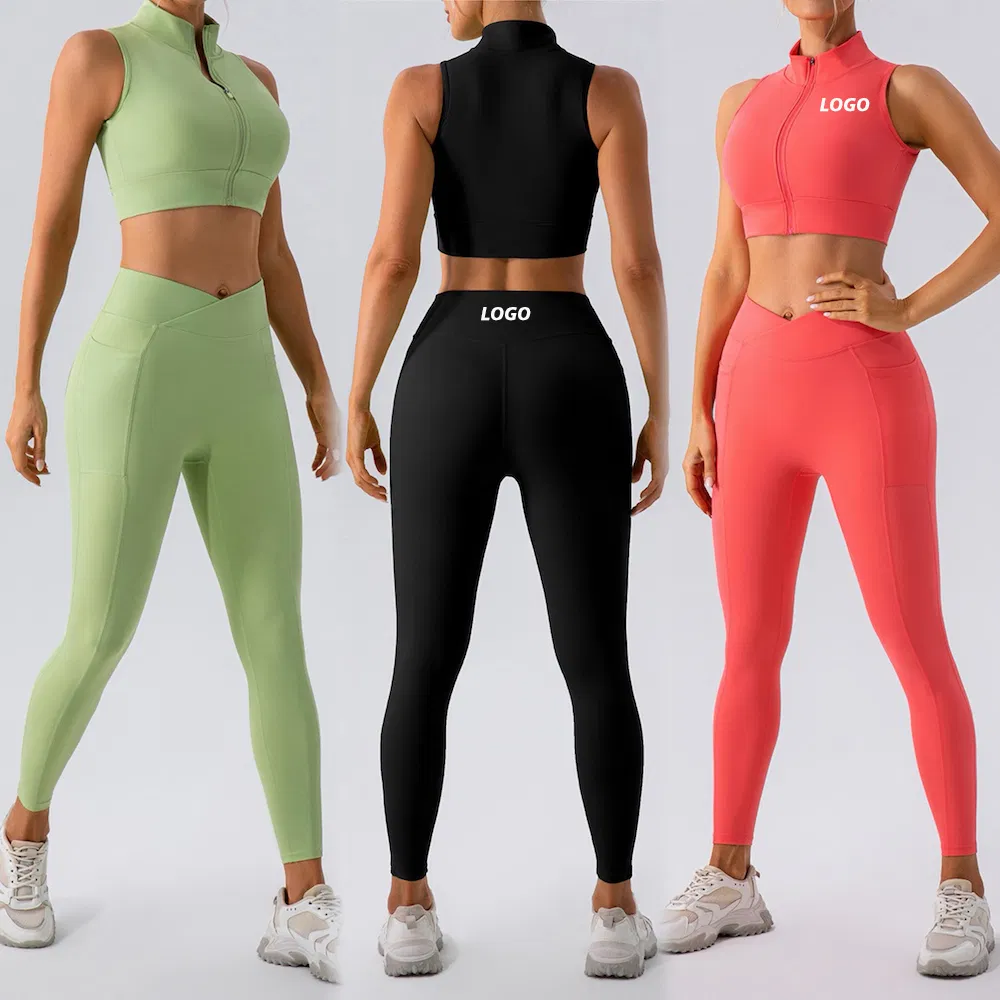 New Arrival 3PCS Casual Slim Fit Athletic Apparel Zipup Exercise Clothes for Women, Customize Logo Gym Tank Top + Running Jacket + Yoga Pants Activewear Set