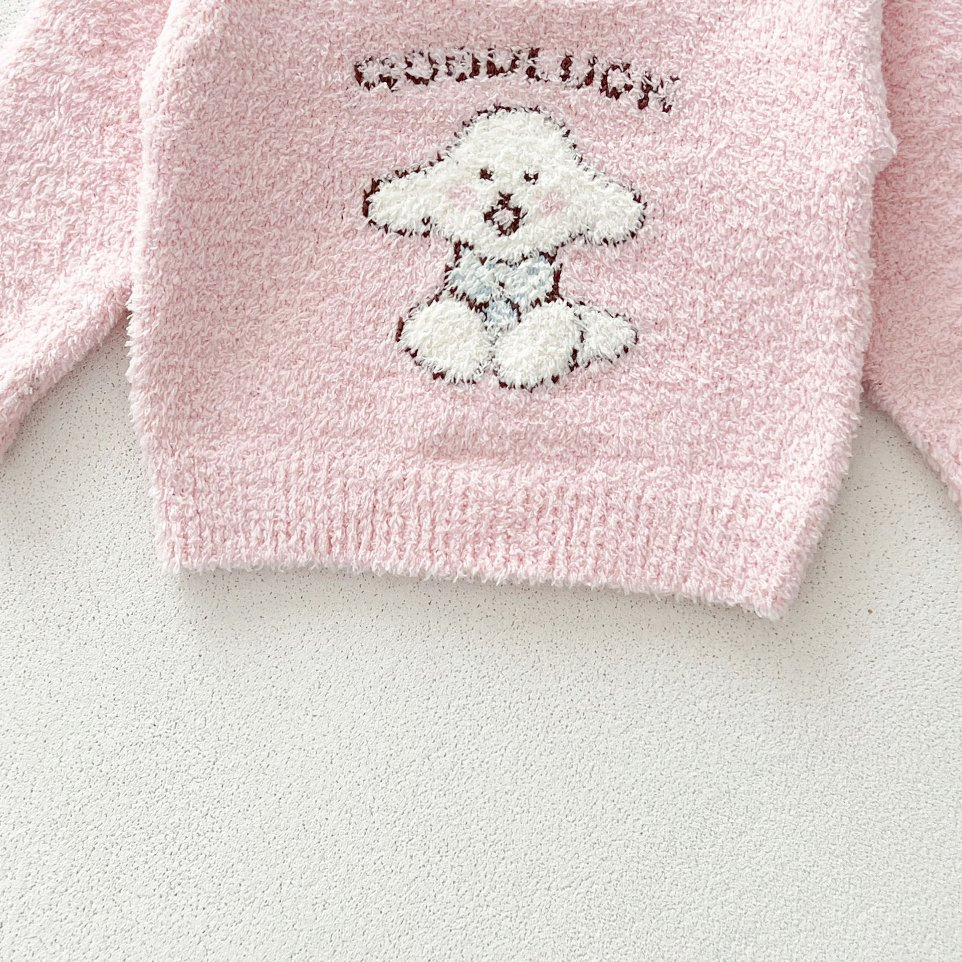 Baby Kids Children Autumn Winter Pajamas Knitwear Clothing Girl Toddlers Pink Cute Dog Print Velvet Warm Top Pants Home Two-Piece Sweater Set