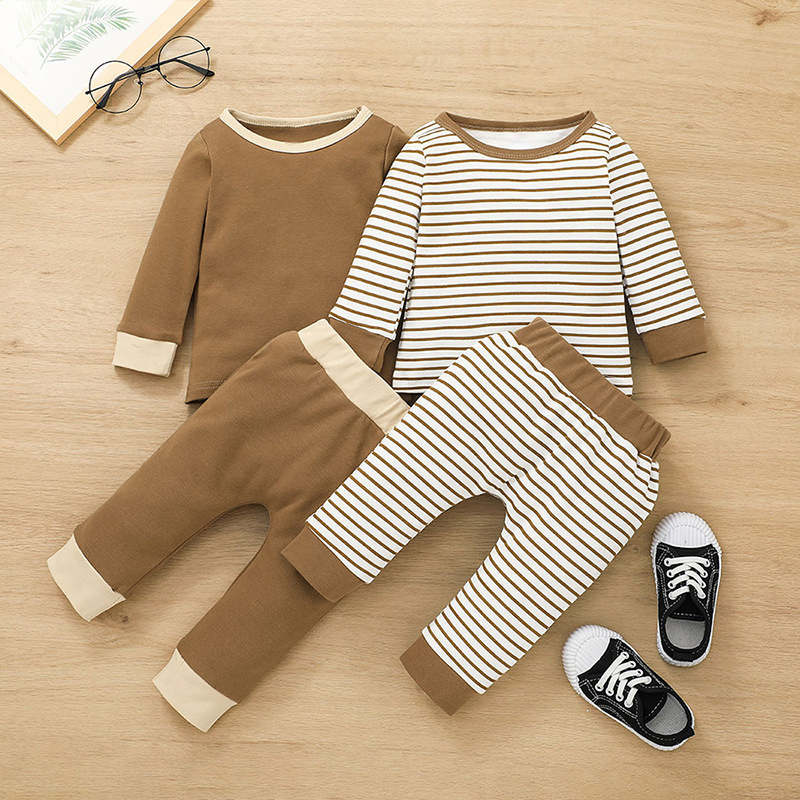 Toddler Baby Boys 2 PCS Cotton Loungewear Sets Kids′ Ribbed Knit Long Sleeve Tee and Pants Pajama Clothes