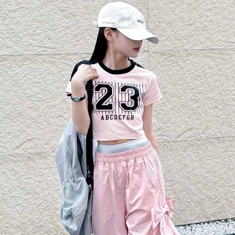 Summer Solid Pink Blue Pants Letter-Printed Short Sleeved Clothing for Girls