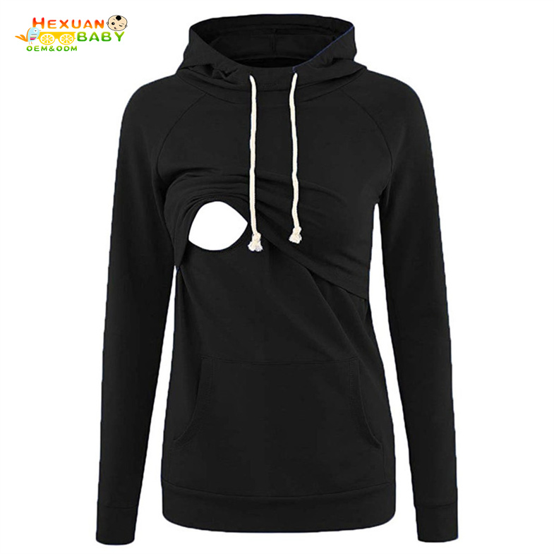 Women Maternity Nursing Tops Clothes Solid Color Long Sleeve Layering Breastfeeding Hoodie Sweatshirts with Pocket