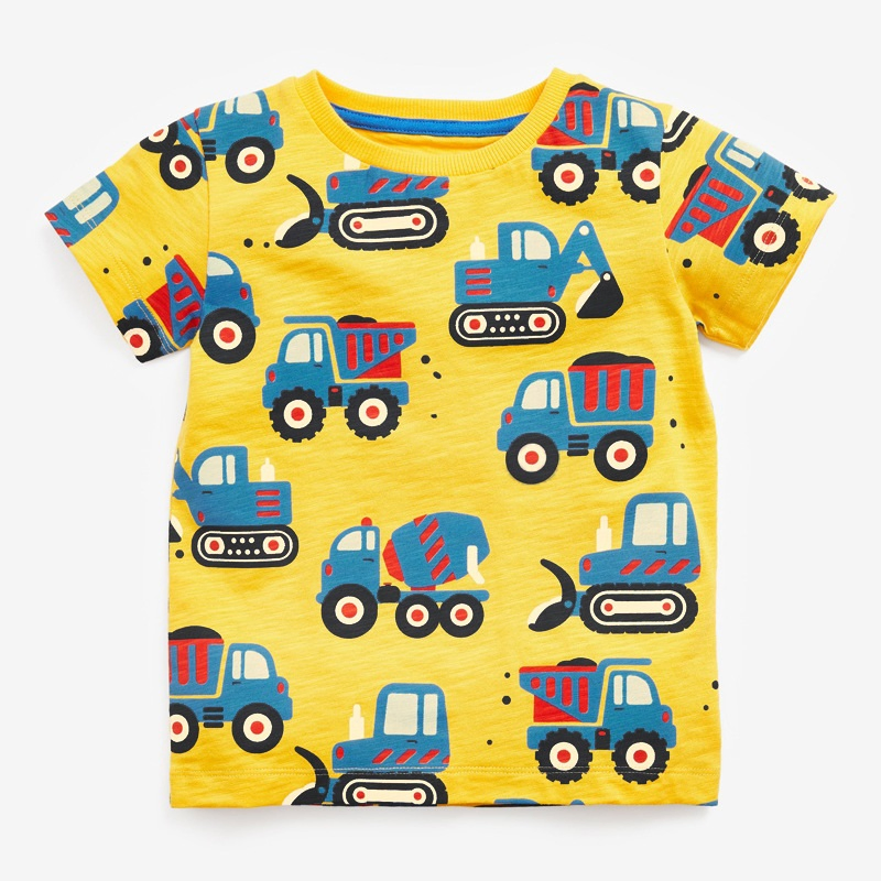 2022 Summer Children's Cartoon Car Short-Sleeved T-Shirt Digging Truck Printing Top Baby Clothes Children's Clothing Trend