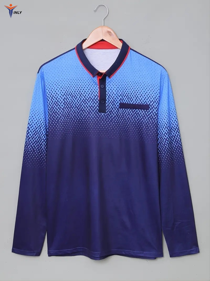 Wholesales New Men's Business Fashionable Casual Long Sleeves Blue Sports Wear Printed Polo Neck Shirts Sports Jersey