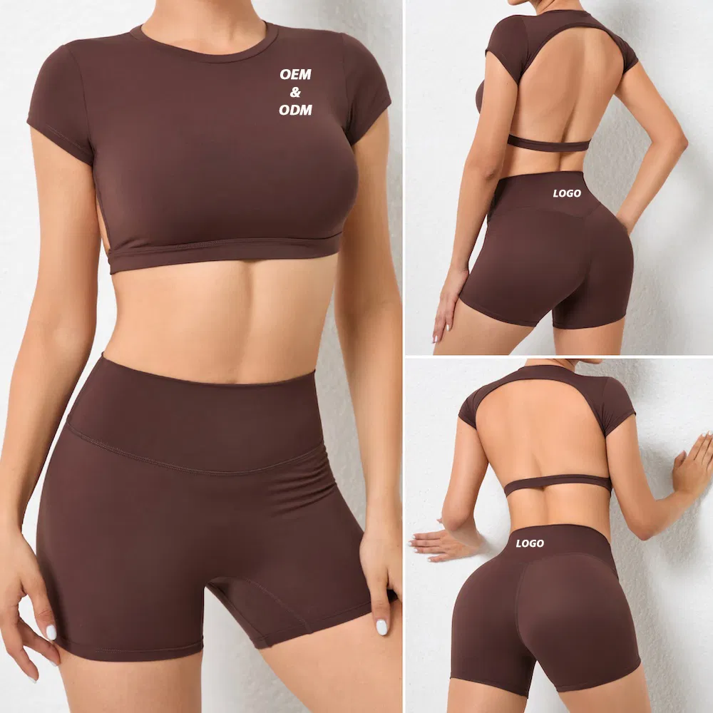 2 Piece New Design Lulu Style Sports Yoga Jogger Clothes for Women, Custom Matching Activewear Set Open Back Crop T-Shirts and Gym Fitness Athletic Apparel