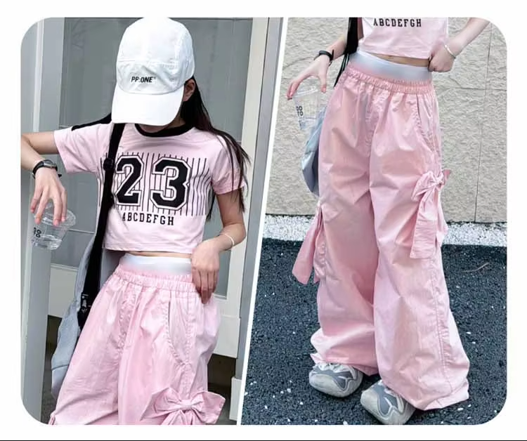 Summer Solid Pink Blue Pants Letter-Printed Short Sleeved Clothing for Girls