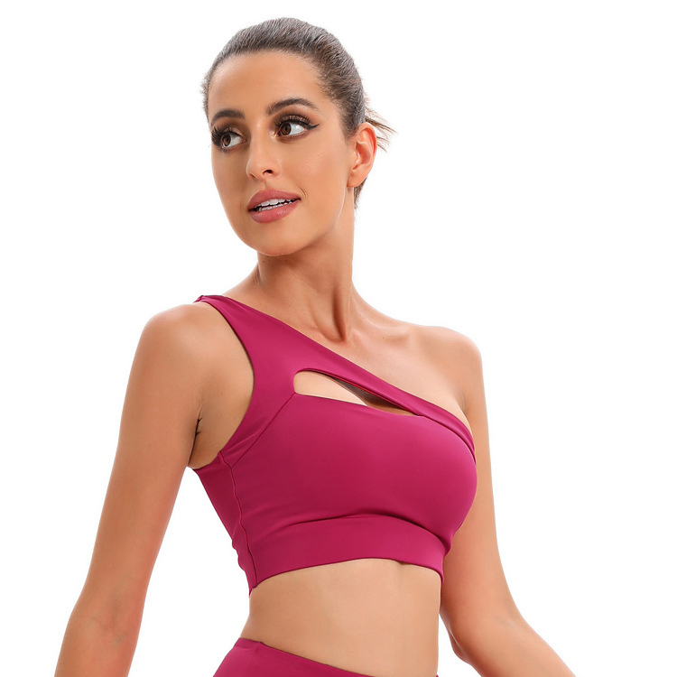 One Shoulder Sports Bra Sexy Cute Gym Workout Yoga Top Padded Removable Post-Surgery Wirefree Fitness Apparel