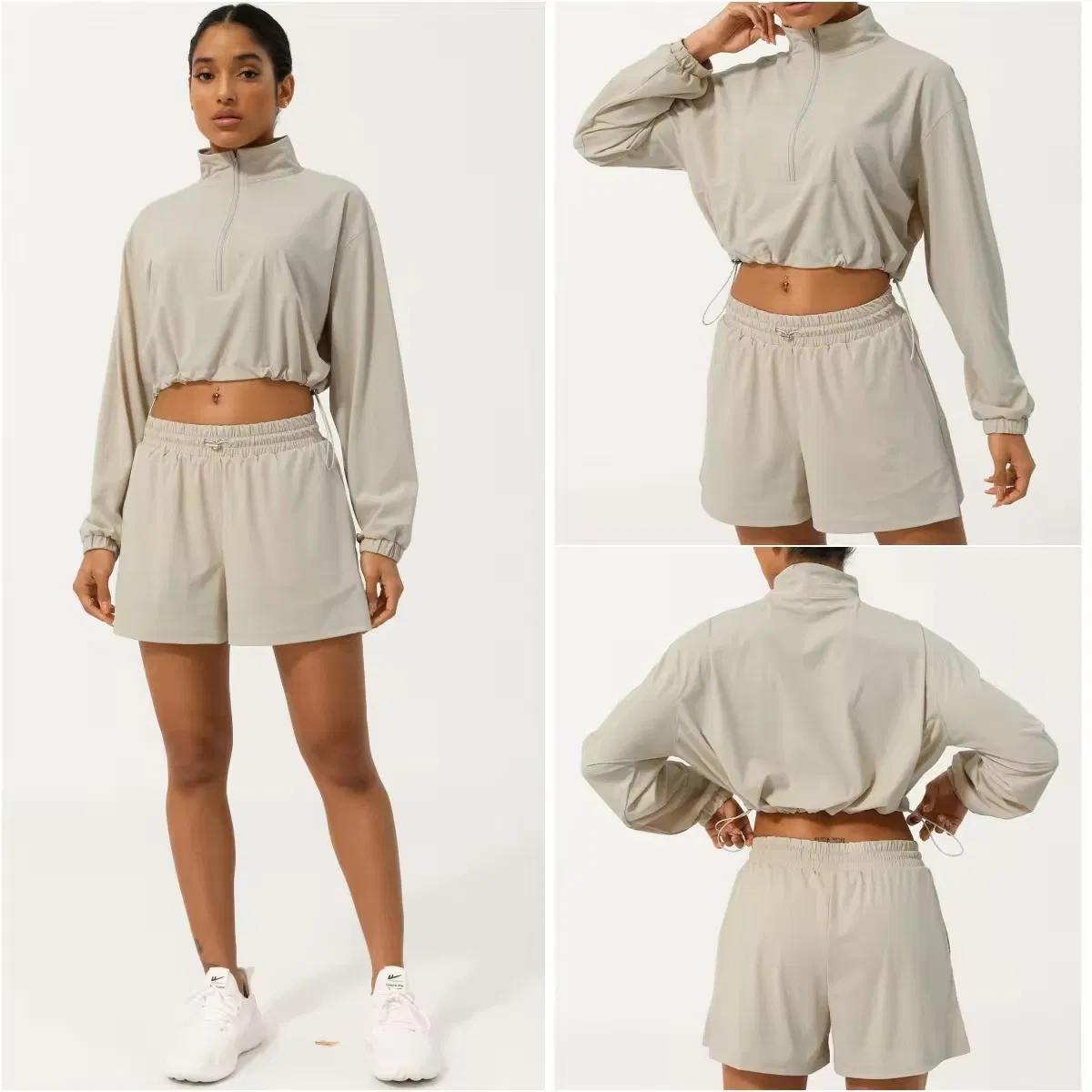 Wholesale Lightweight Summer Upf 50 Active Apparel Casual Zip-up Athletic Cropped Sweatshirt with Adjustable Hem + Sports Shorts 2PCS Sports Clothes Set