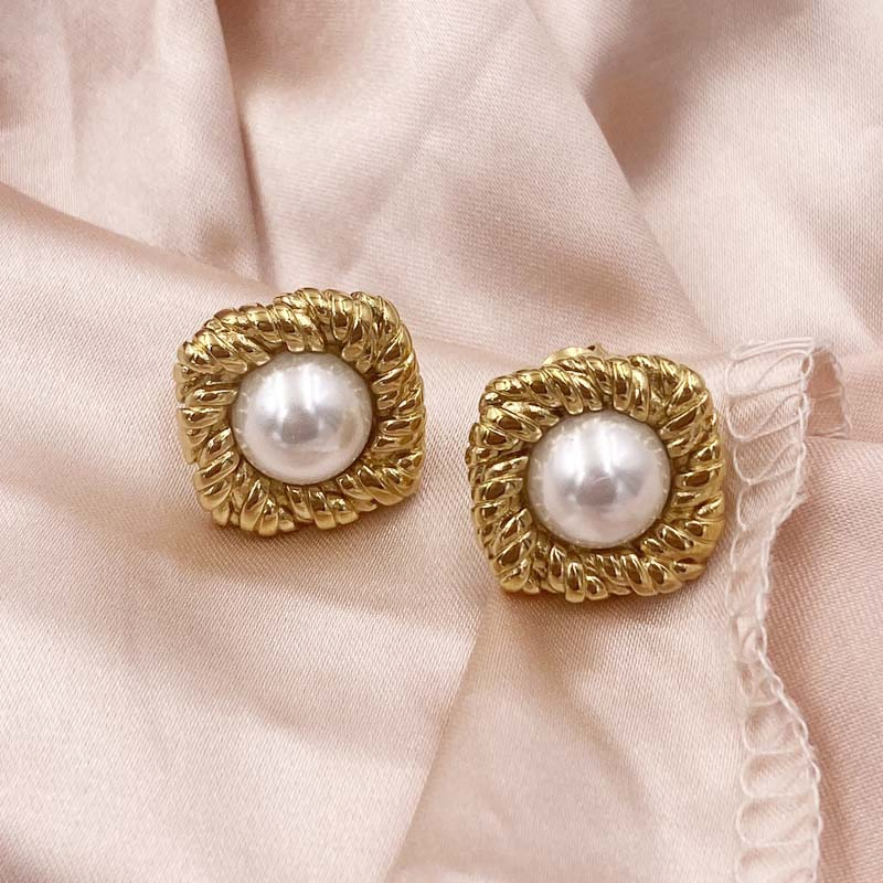 Unique Cool-Tone Square Shape Studs Fashion Earring with Imitation Pearl Jewelry for Women