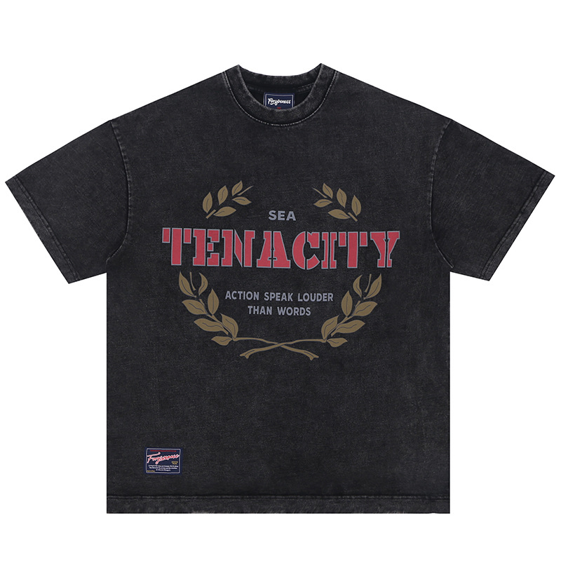 Fashion Luxury Brand 270GSM 95%Cotton 5%Spandex Vintage Water Washed Heavy Industry Oversized Casual Wear with Puff Printed for Men