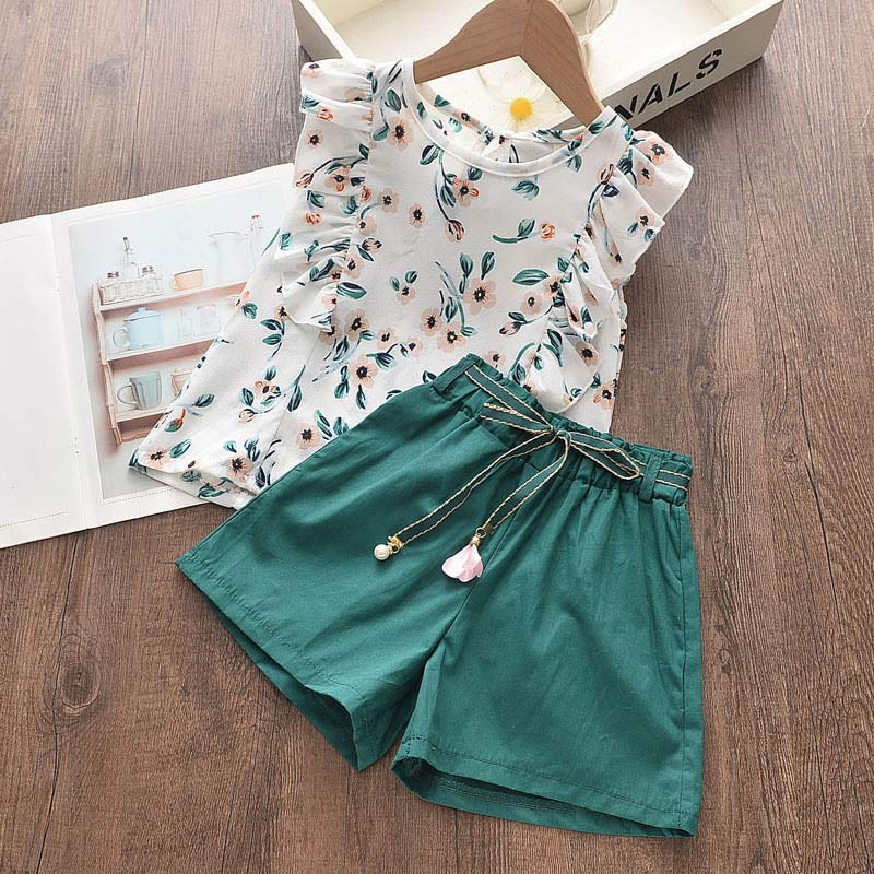 Girls Clothing New Summer Sleeveless T-Shirt + Printed Bowknot Skirt Kids Clothing
